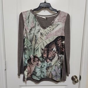 Anthropologie Akemi + Kin Linen Blend Fauna Tiger Tunic Top Longsleeve